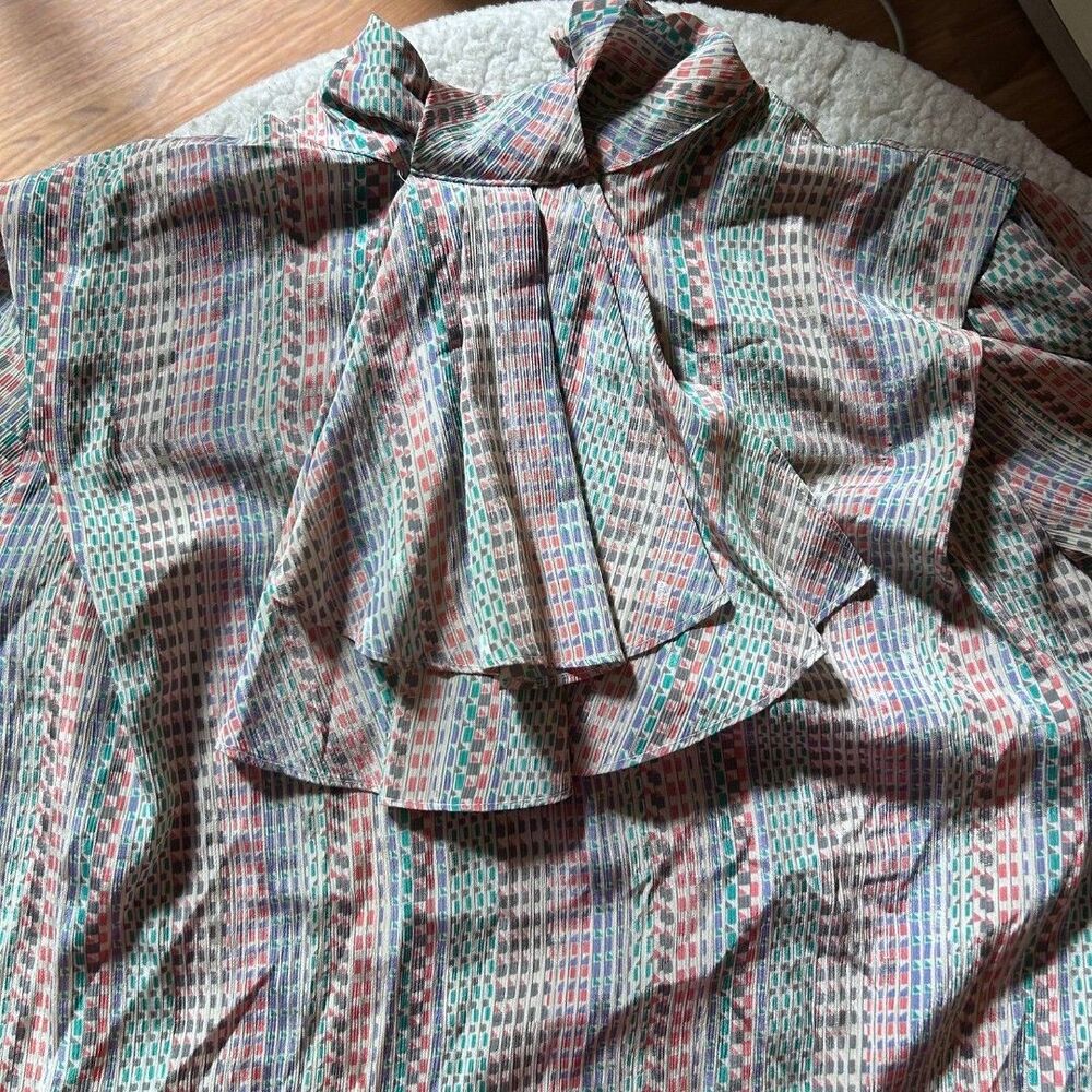 Vintage Nicola Geometric Print Tie-Neck Blouse Size 10 Retro 80s